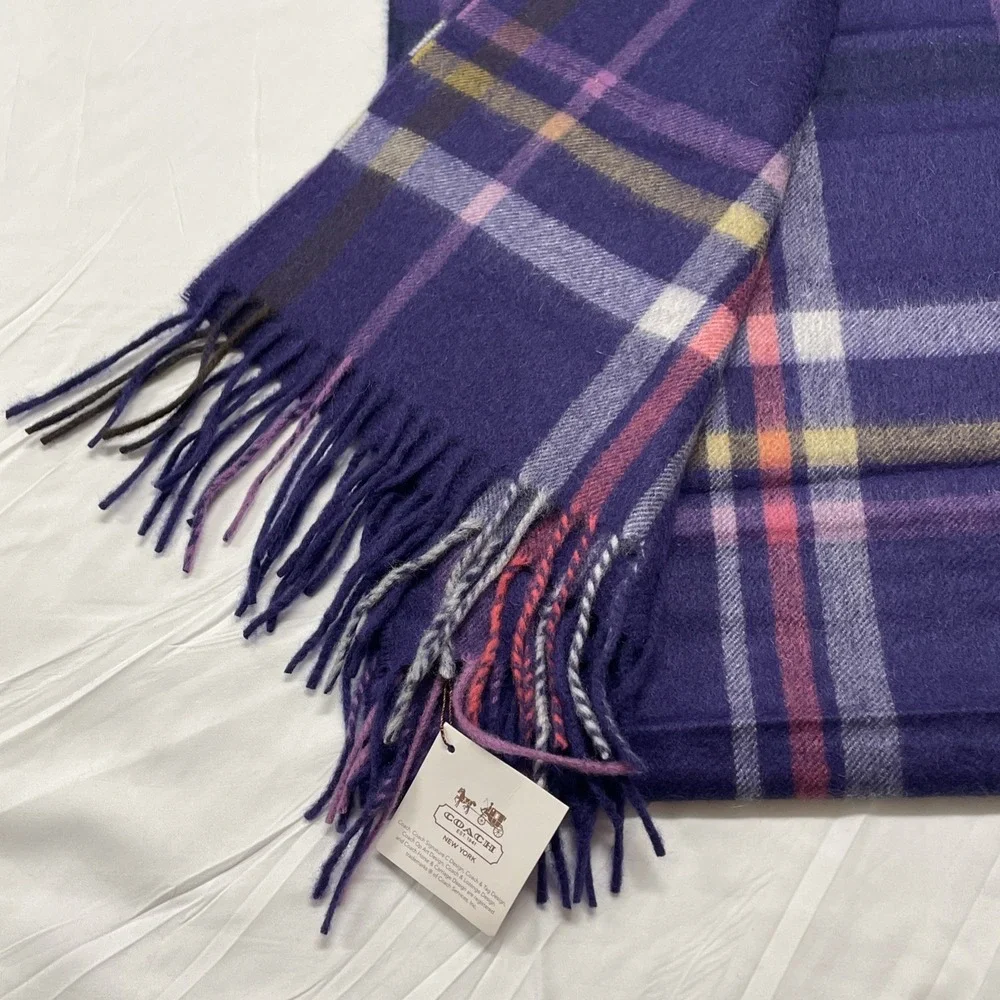 Coach 100% Cashmere Scarf Purple Pink Yellow Plaid MSRP $178 - Picture 3 of 5